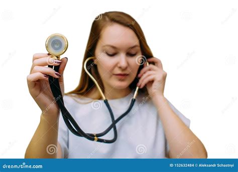 Beautiful Young Doctor Woman Using Stethoscope Isolated On White