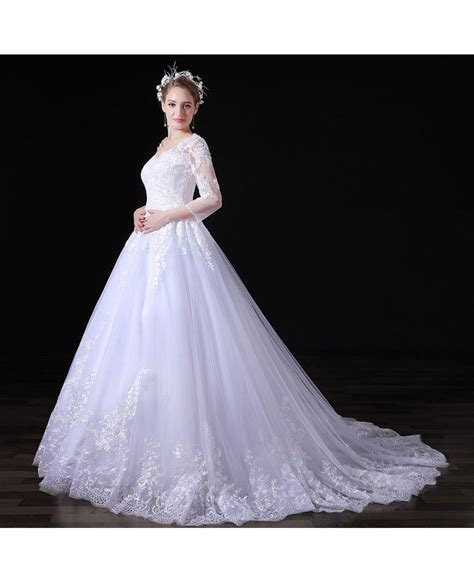 Ball Gown V Neck Court Train Tulle Wedding Dress With Lace A030 218
