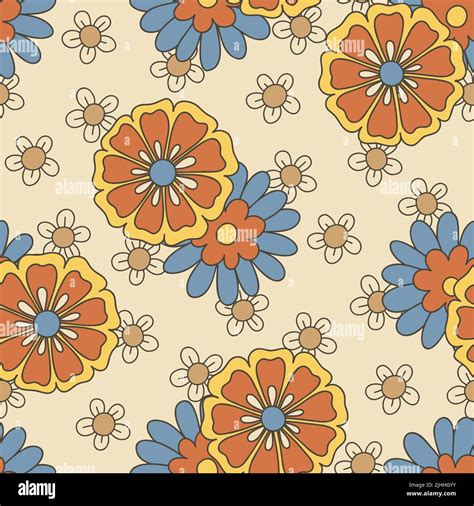 Colorful Large Scale Hand Drawn Floral Vector Seamless Pattern Retro 70s Style Stock Vector