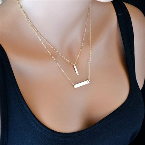 Rose Gold Bar Necklace Layered Necklace Initial Necklace Etsy