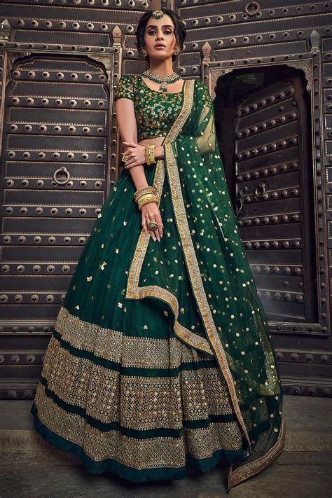 Buy Bottle Green Net Lehenga Choli With Floral Embroidery Online Like A Diva