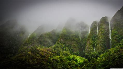 Waterfall Between Green Trees Covered Mountains With Fog 4k Hd Jungle