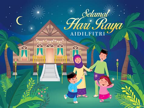 Vector illustration with cute muslim kids holding a lamp light and ketupat and traditional malay village house. Hari Raya Stock Illustration - Download Image Now - iStock