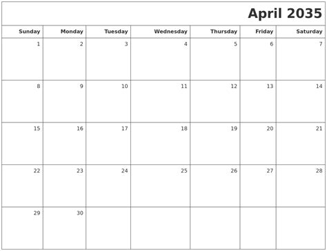 April 2035 Printable Blank Calendar