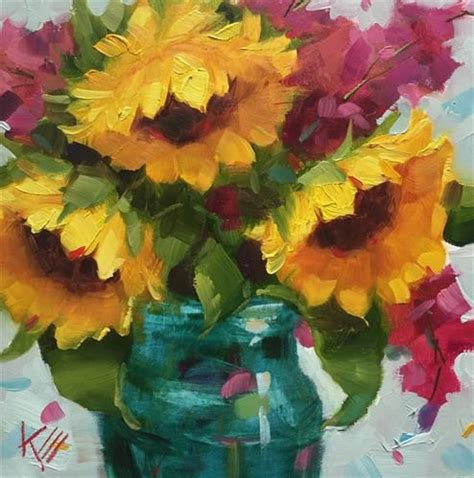Daily Paintworks Sunflowers In Vintage Blue Original Fine Art For