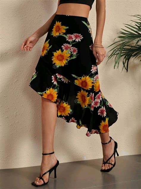 Floral Ruffle And Asymmetrical Hem Skirt Her Shop Eg