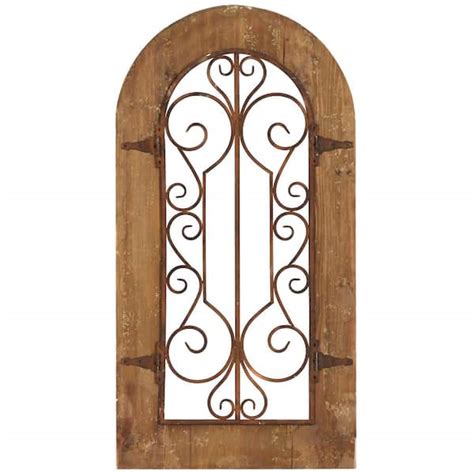 Litton Lane Wood Brown Arched Window Inspired Scroll Wall Decor With