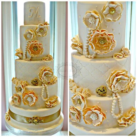 Peaches And Creama Peach And Ivory Vintage Wedding Cake With Gold