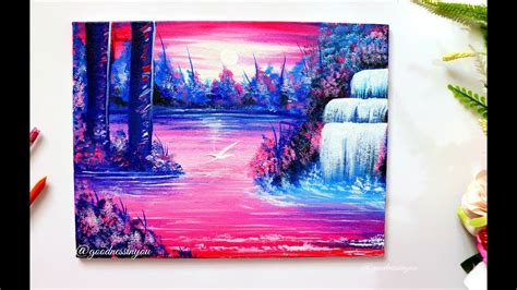 Step By Step Moonlight Waterfall Painting For Beginners Youtube