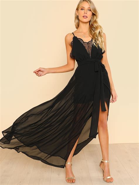 Lace Plunge Neck High Slit Cami Dress EmmaCloth Women Fast Fashion Online