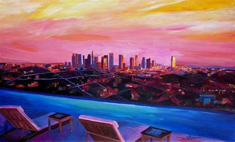 Los Angeles Infinity Skyline With Infinite View Pool Painting By M