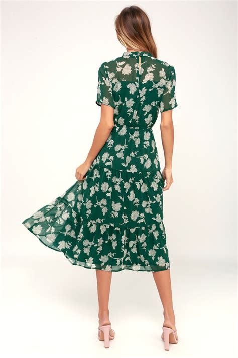 Dark Green Floral Print Dress Midi Dress Short Sleeve Dress