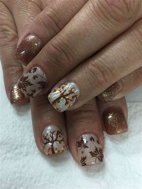 Fall Gel Nails Copper Glitter Shimmer Off White Stamped Leaves And