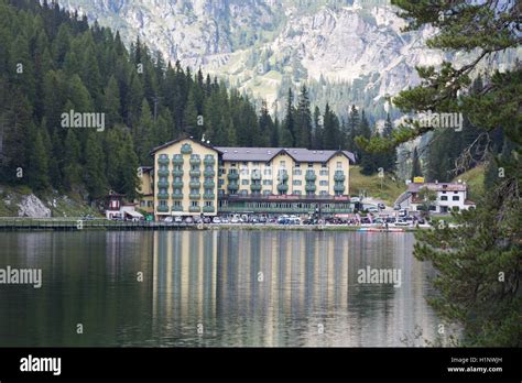 A View Of The Grand Hotel Misurina Across The Lake Stock Photo Alamy