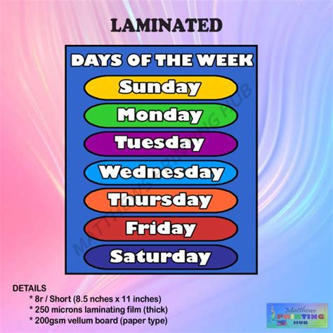 Laminated Days Of The Week Chart Size Short 85inches X 11inches