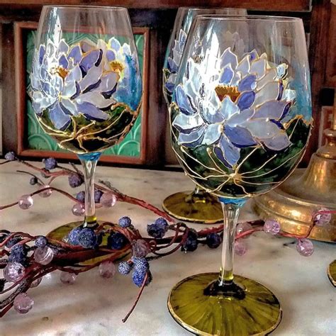 Hand Painted Lilac Water Lilies Wine Glasses Stoned Santa