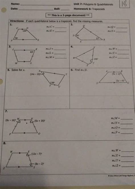 Some of the worksheets displayed are polygons quadrilaterals and special parallelograms, unit 4 grade 8 lines angles triangles and quadrilaterals, name period gp unit 10 quadrilaterals and p, 7 quadrilaterals and other polygons, quadrilaterals, unit 4 syllabus properties of triangles. Unit 7 polygons & quadrilaterals homework 6: trapezoids Gina Wilson answer key