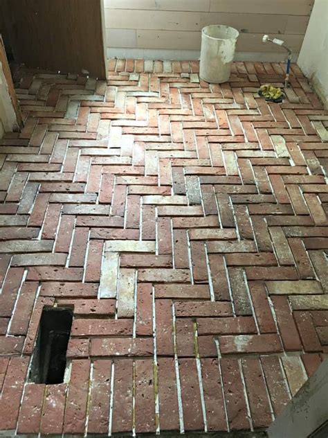 Bathroom With Herringbone Pattern Brick Floor Brick Tile Floor Brick