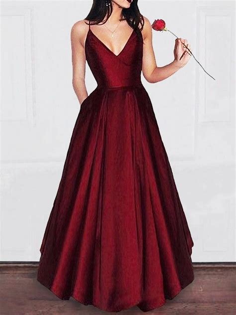 A Lineprincess V Neck Floor Length Ruffles Satin Dresses Burgundy Prom