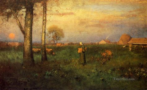 Sundown Landscape Tonalist George Inness Painting In Oil For Sale