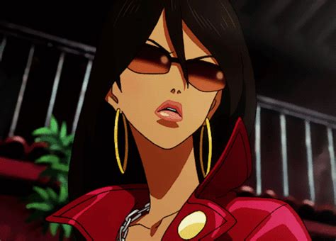 An Animated Image Of A Woman In Red Shirt And Gold Hoop Earrings