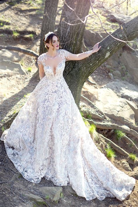 Illusion Neck Long Sleeve Beaded And Embroidered Ball Gown With Deep V