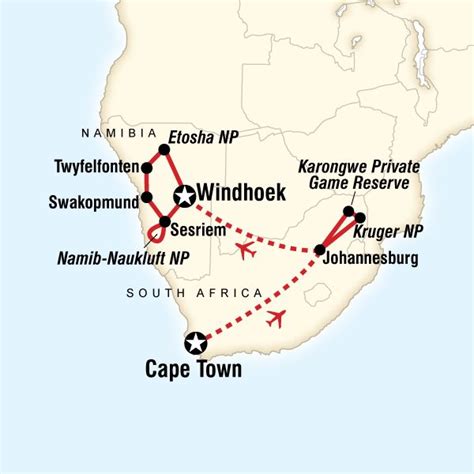 Map Of The Route For Cape Town Kruger And Namibia Africa Vacation