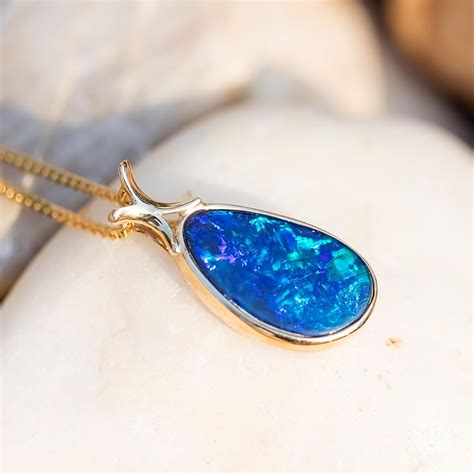 Australian Doublet Blue Opal Pendant And Necklace 14k Yellow Gold Opal