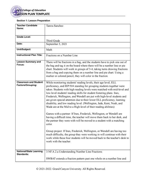 3rd Grade Coe Lesson Plan Template Lesson Plan Template Section 1