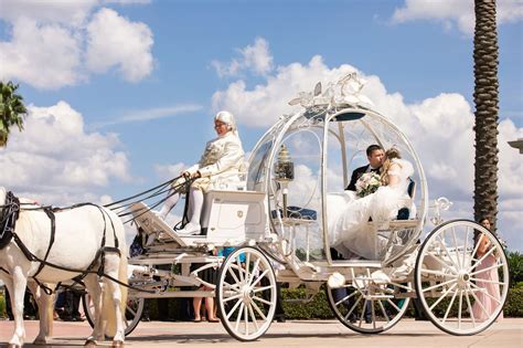 Disney Fairy Tale Wedding Bride And Groom Ride In Cinderellas Carriage