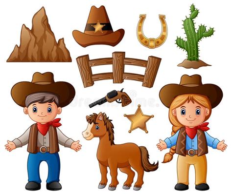 Cartoon Cowboy And Cowgirl With Wild West Elements Stock