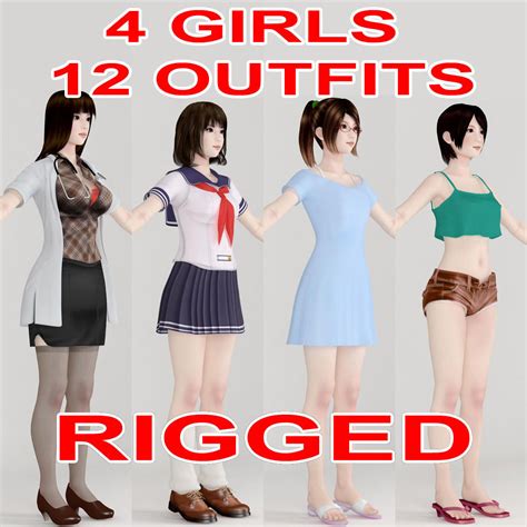 Rigged T Pose Rigged Model Of 4 Girls With Various