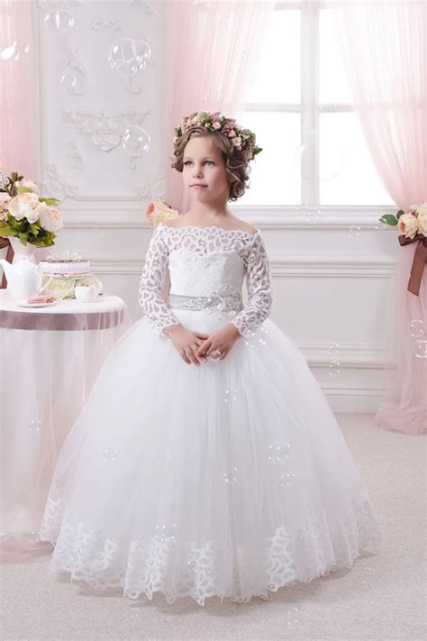 Stunning Long Sleeve Lace White Flower Girls Dresses For Weddings Party
