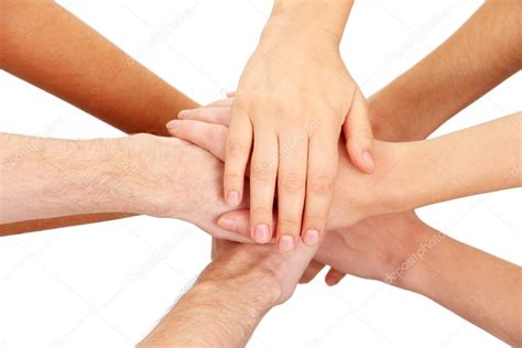 United Hands Isolated On White Conceptual Photo Of Teamwork Stock Photo