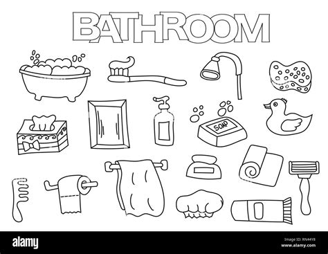 Bathroom Elements Hand Drawn Set Coloring Book Template Outline