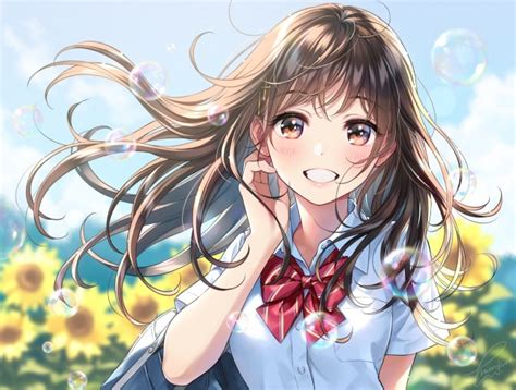 Wallpaper Anime School Girl Smiling Sunflowers Brown Hair Windy Wallpapermaiden