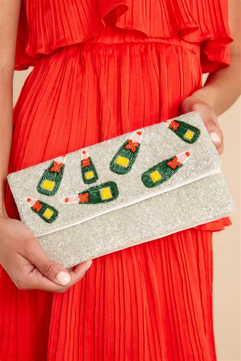 Trendy White And Green Beaded Clutch All Handbags Red Dress