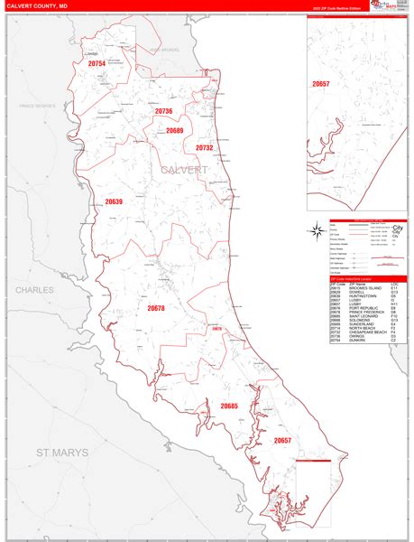 Calvert County Md Zip Code Wall Map Red Line Style By Marketmaps