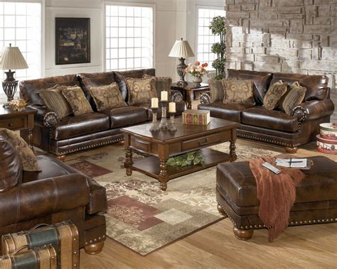 Bonded Leather Antique Brown Sofa And Loveseat Living Room Set By Ashley