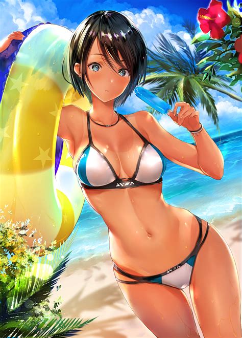 Take one as your anime waifu! Wallpaper : anime girls, beach, flower, palm trees, sea ...