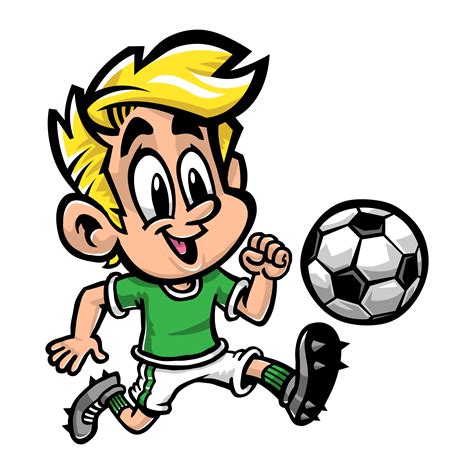 Cartoon Boy Kid Playing Football Or Soccer In A Green T Shirt And Cleat