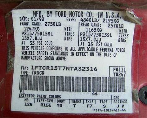 Ford 75 And 88 Inch Axle Tag And Door Codes