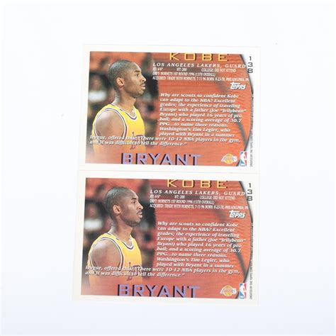 Like len bias, roberto clemente, jose fernandez, and other athletes taken too soon, their fans tend to remember them even more indelibly than their living rivals. Lot - 2 Kobe Bryant 1996-97 Topps Rookie Cards #138
