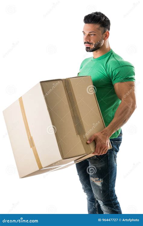 handsome muscular man holding big cardboard box stock image image of lifting muscles 96447727