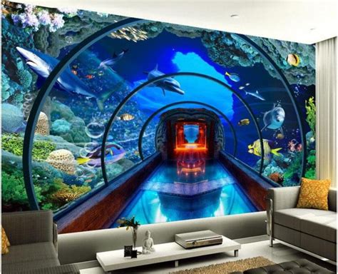 3d Underwater World Aquarium Tunnel Wallpaper Marine Life Mural 3d