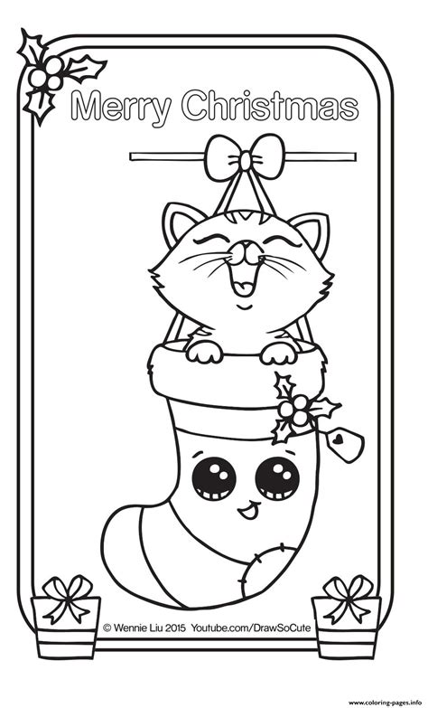 This collection of kawaii printable coloring pages is sure to bring a smile to your little one's face. Christmas Card Kitten Draw So Cute Coloring Pages Printable