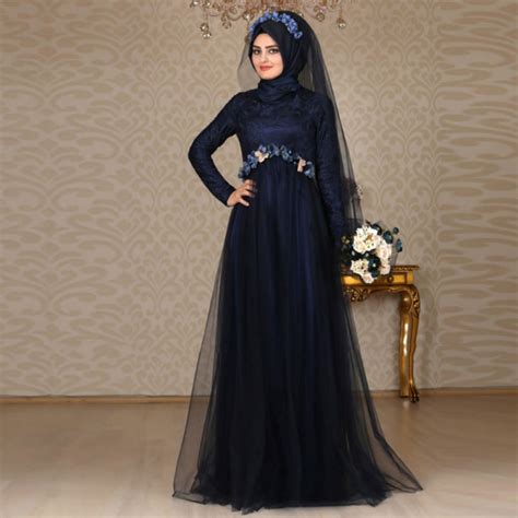 2016 Custom Made Muslim Evening Dresses Navy Blue Turkish Islamic Women