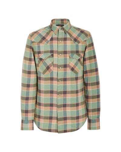 Rrl Cotton Slim Plaid Twill Western Shirt In Rl Greencoral Green For