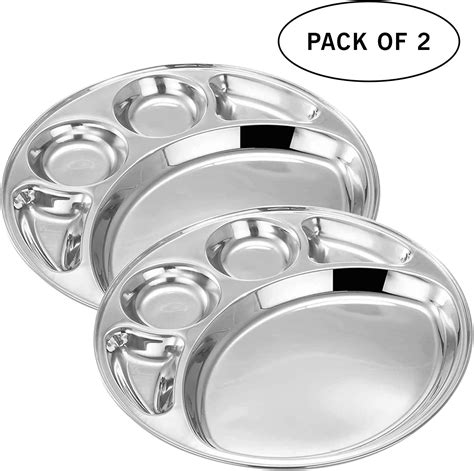 Pack Of 2 Stainless Steel Round 5 Compartment Dinner Plate