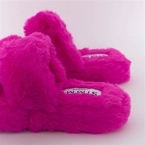 Courtney Fuchsia Fluffy Faux Fur Double Strap Slippers Simmi London